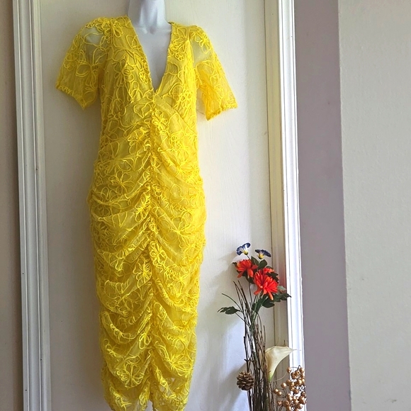 Zara | Yellow Lace Ruched Midi Dress - Picture 3 of 11